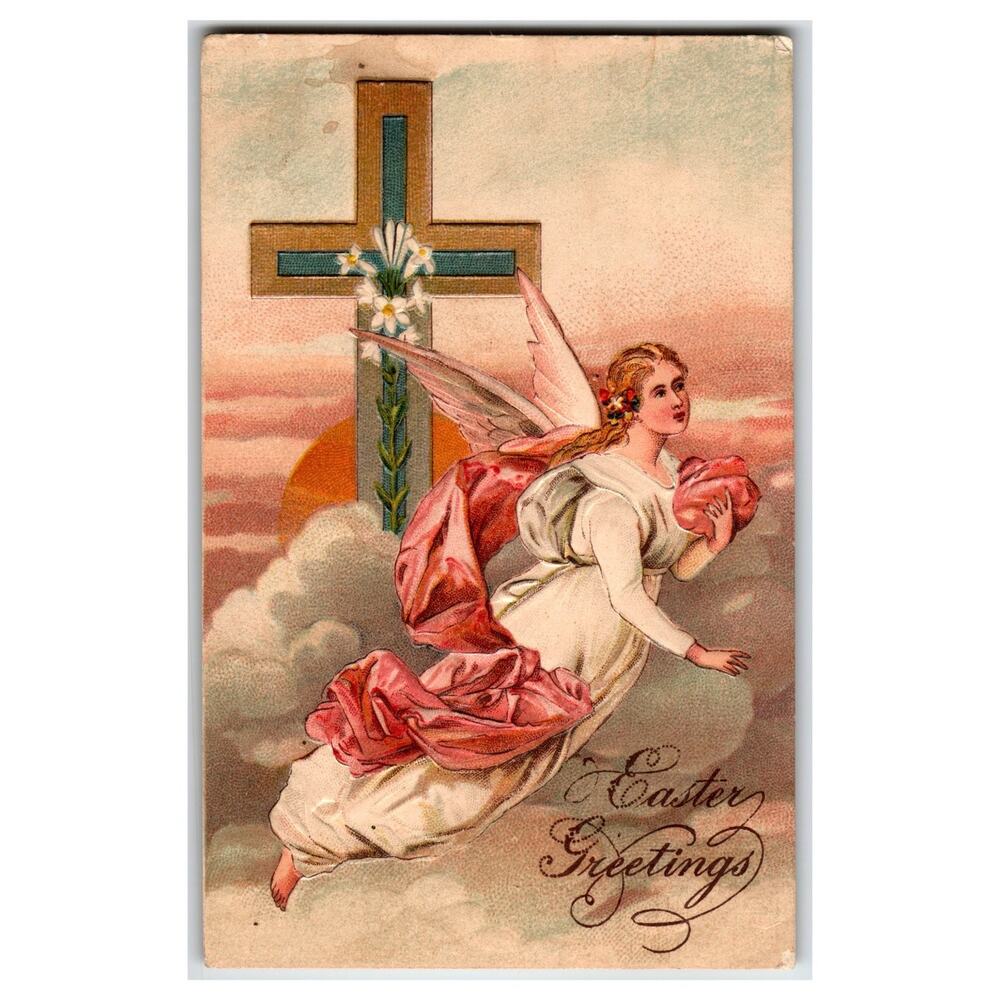 1909 Easter Greetings Angel Cross Lilies Embossed Postcard Germany